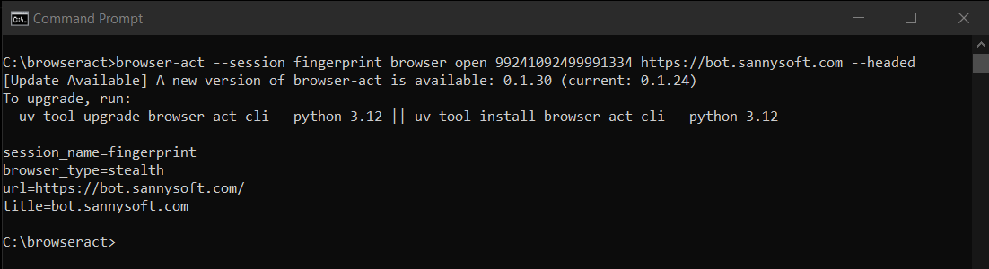 BrowserAct在终端上运行SannySoft浏览器指纹测试的结果