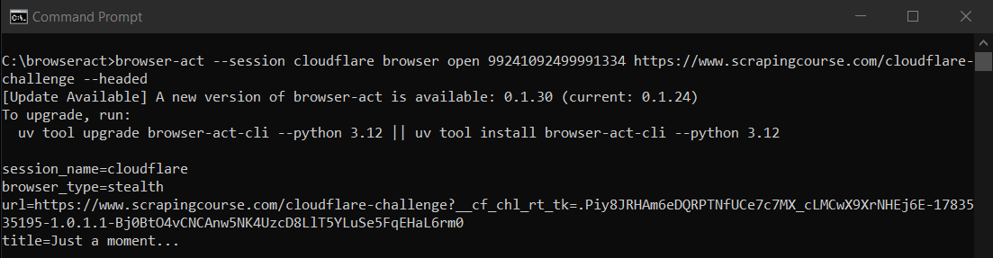 BrowserAct在Cloudflare上显示终端中的浏览器反机器人结果