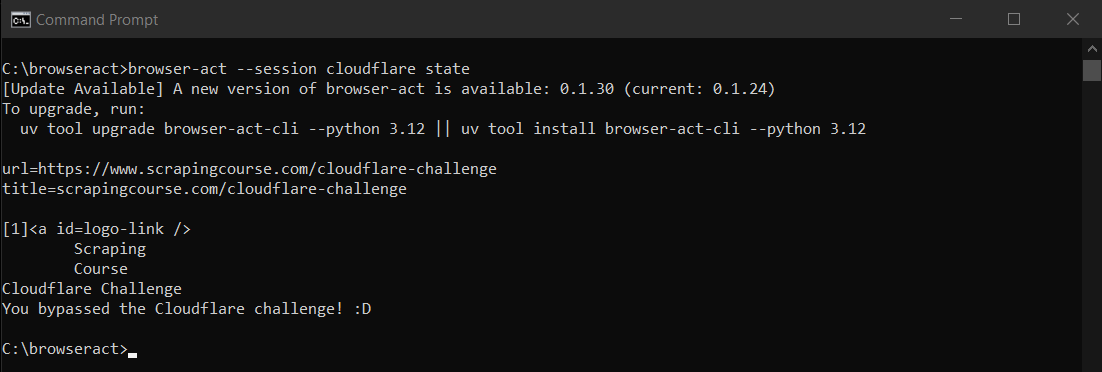 BrowserAct使用state命令直接从终端检查当前Cloudflare页面