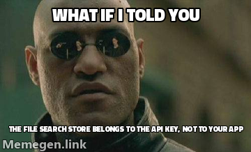 Matrix Morpheus 表情包：如果我告诉你 File Search 商店属于 API key，而不属于你的应用，你会怎么想？