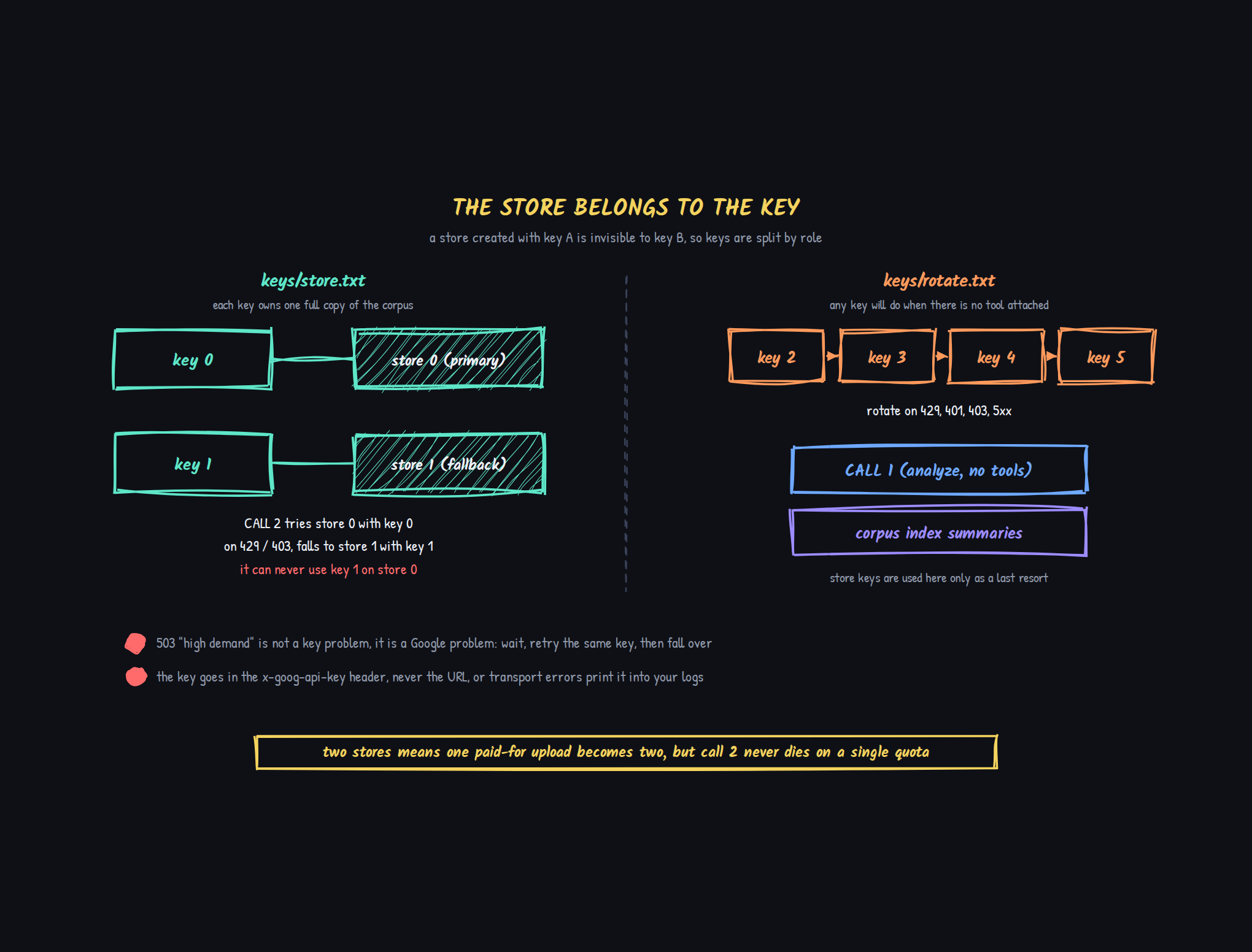 图示：按角色划分的 key。keys/store.txt 中 key 0 拥有 store 0（主），key 1 拥有 store 1（备用）；调用 2 会先用 key 0 尝试 store 0，失败后转到 key 1 的 store 1，永不会用 key 1 访问 store 0。keys/rotate.txt 中的 key 2 到 key 5 在出现 429、401、403 和 5xx 时会为调用 1 以及无工具附加的语料库索引摘要进行轮换。