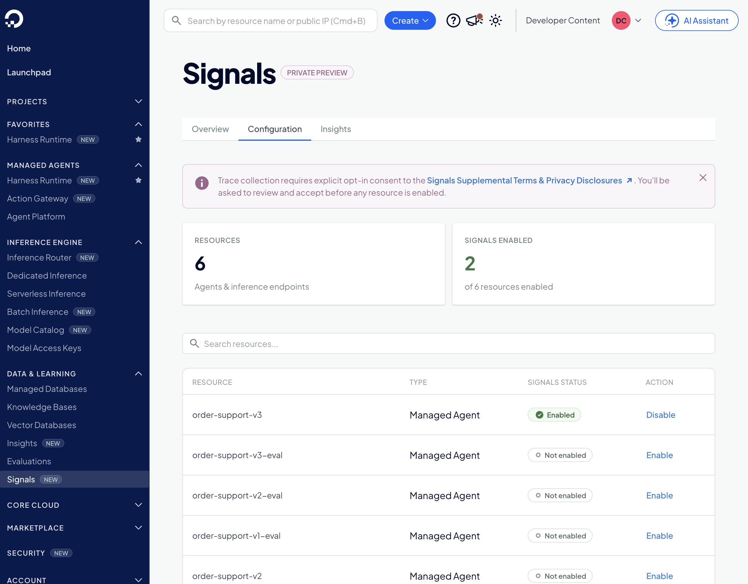 Signals 配置选项卡。已启用 Signals 显示 6 个资源中的 2 个。 order-support-v3 处于启用状态,并提供禁用操作; order-support-v3-eval、order-support-v2-eval、order-support-v1-eval 和 order-support-v2 均未启用; order-support-v1 在下方,处于启用状态。