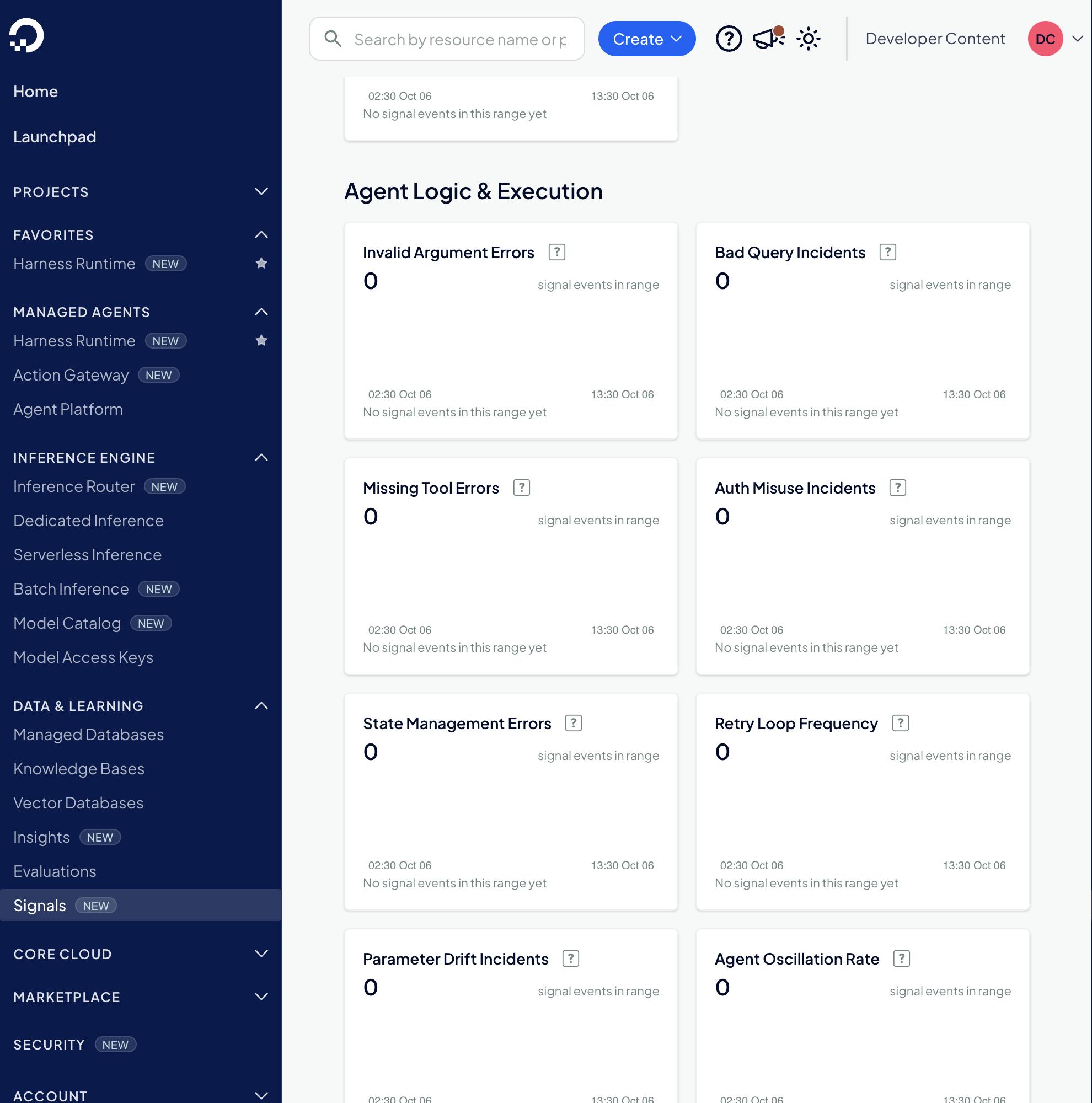Signals Insights,order-support-v3 在 12 小时内的 Agent 逻辑与执行部分。无效参数错误、错误查询事件、缺失工具错误、认证滥用事件、状态管理错误、重试循环频率、参数漂移事件和 Agent 振荡率均显示范围内信号事件为 0,目前此范围内尚无信号事件。