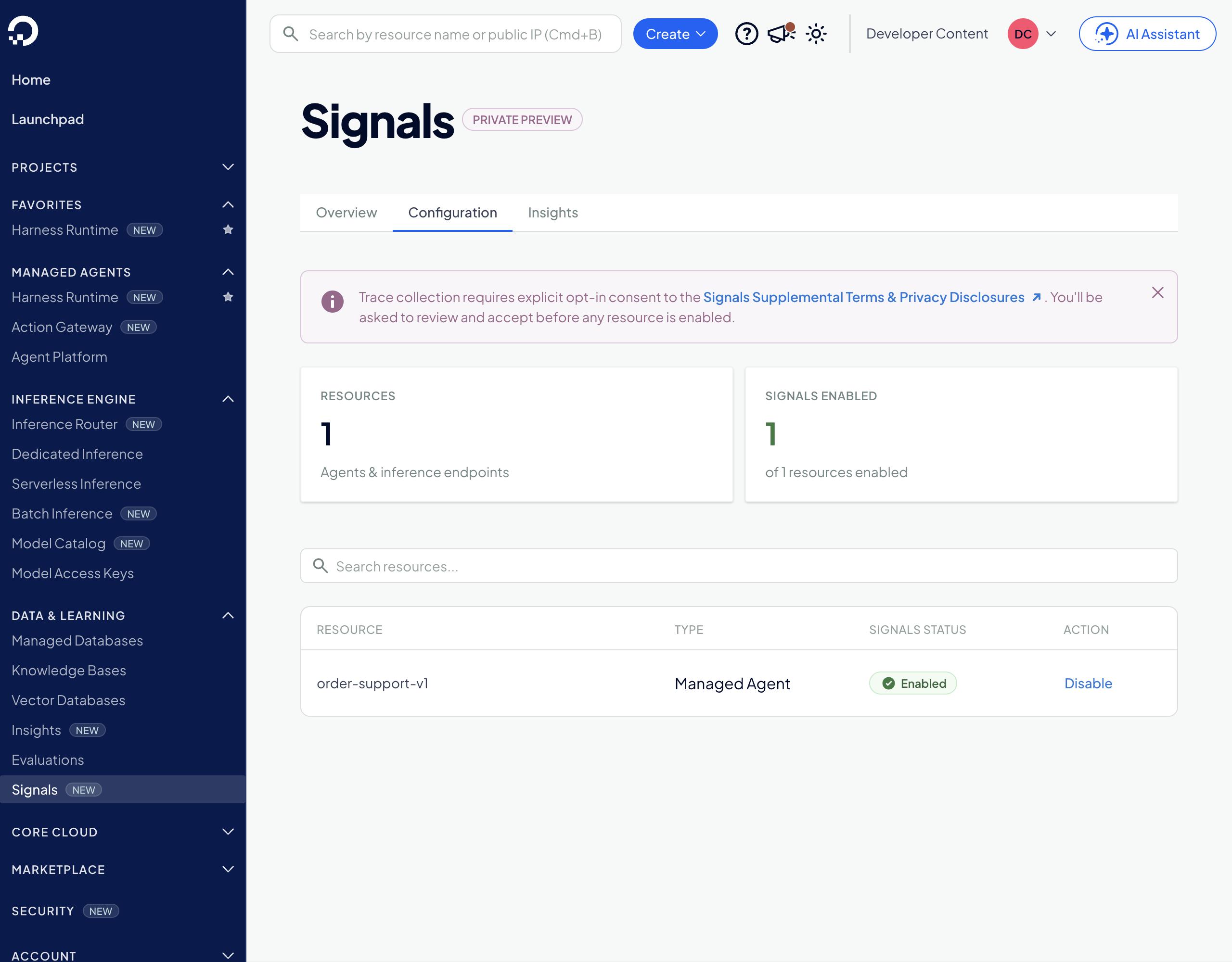 启用后的 Signals 配置选项卡。SIGNALS ENABLED 卡片显示 1/1 资源已启用,并且 order-support-v1 行显示绿色的已启用状态,并提供禁用操作。