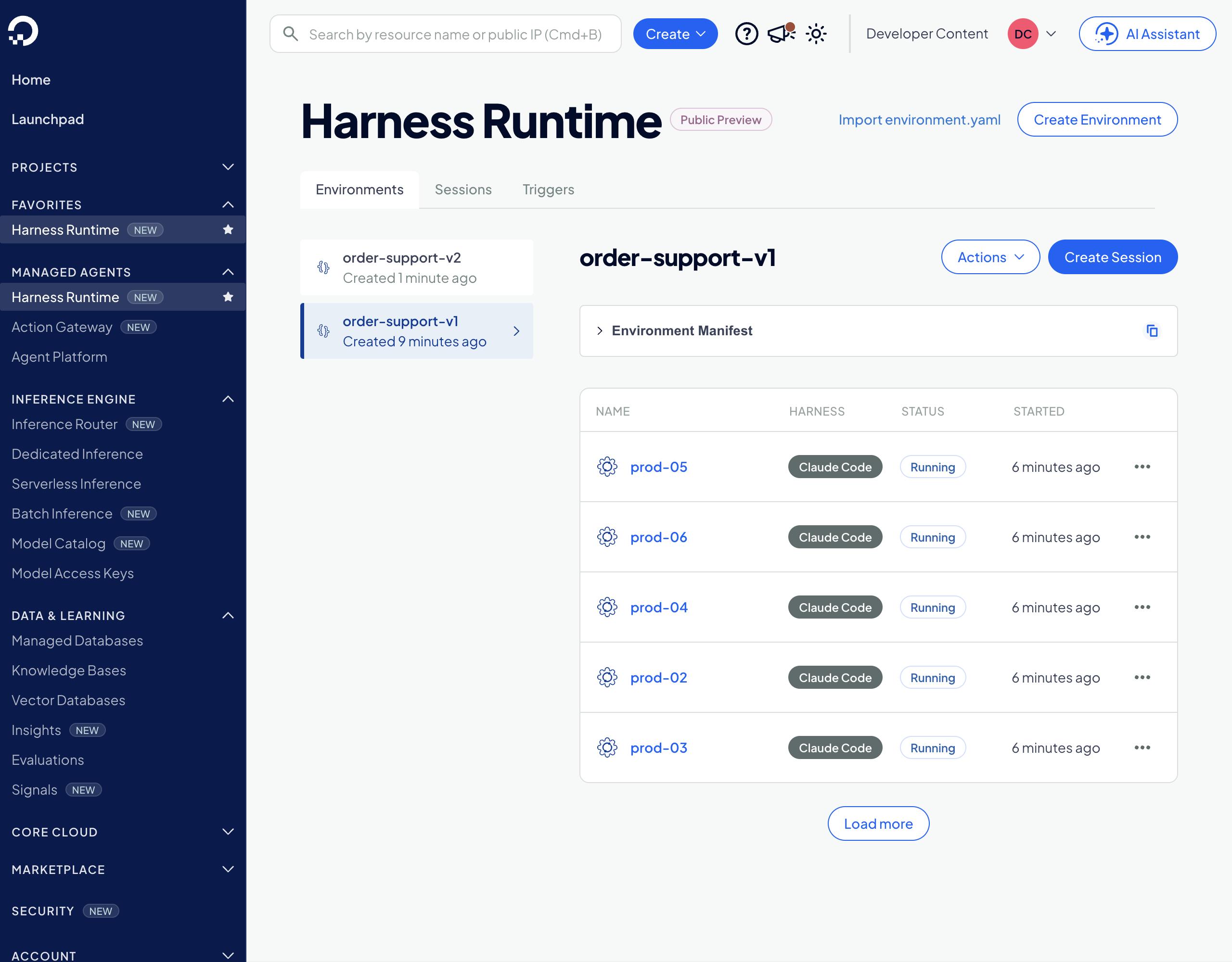 在控制台中显示的 Harness Runtime 会话列表,包含六个会话,从 prod-01 到 prod-06,全部是 Claude Code 并且都处于运行状态。