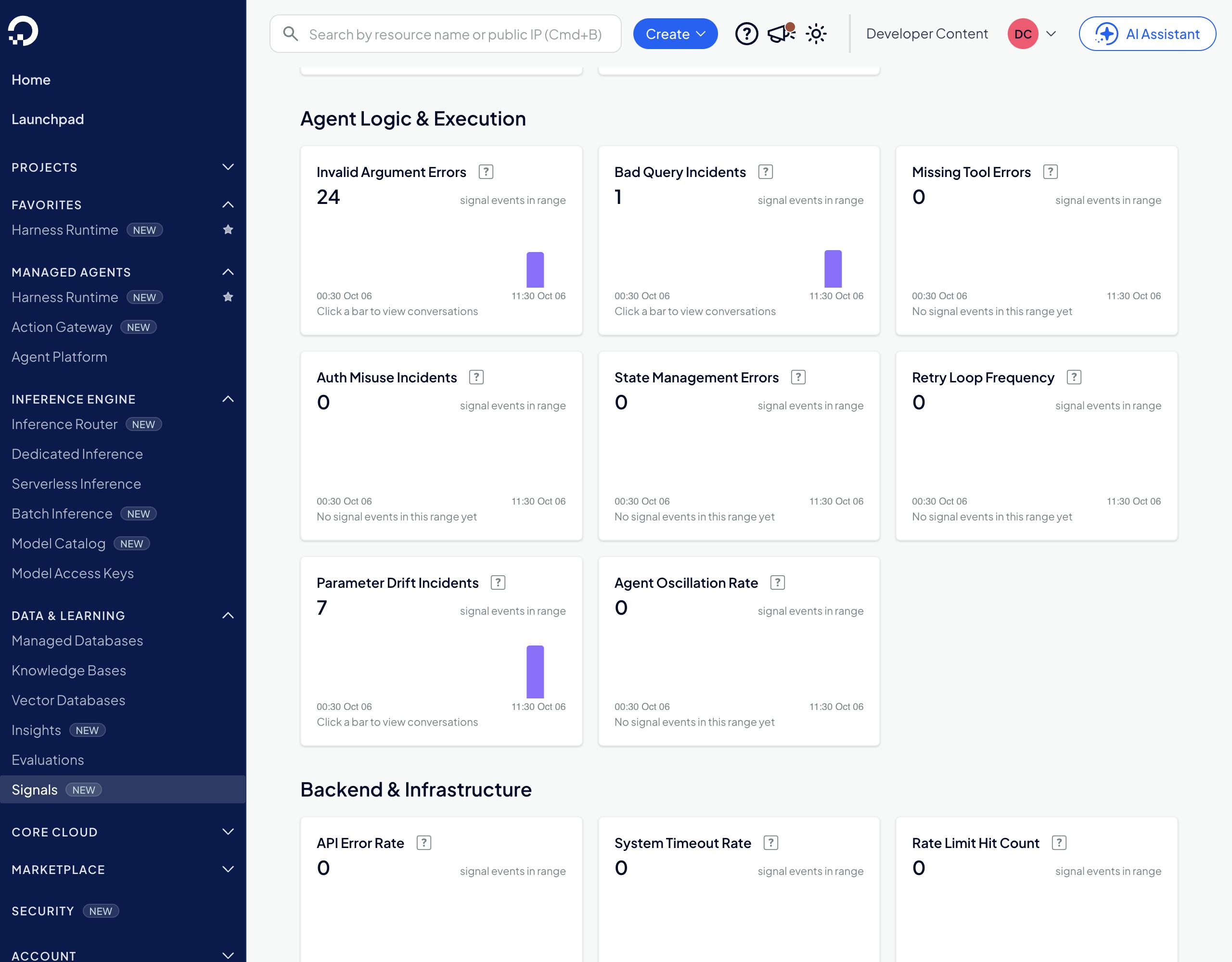 Signals Insights,Agent Logic and Execution 部分,针对 order-support-v1。Invalid Argument Errors 显示 24 个信号事件,占单个柱状块。Bad Query Incidents 显示 1。Parameter Drift Incidents 显示 7。Missing Tool、Auth Misuse、State Error、Retry Loop 和 Oscillation 均读取为 0。
