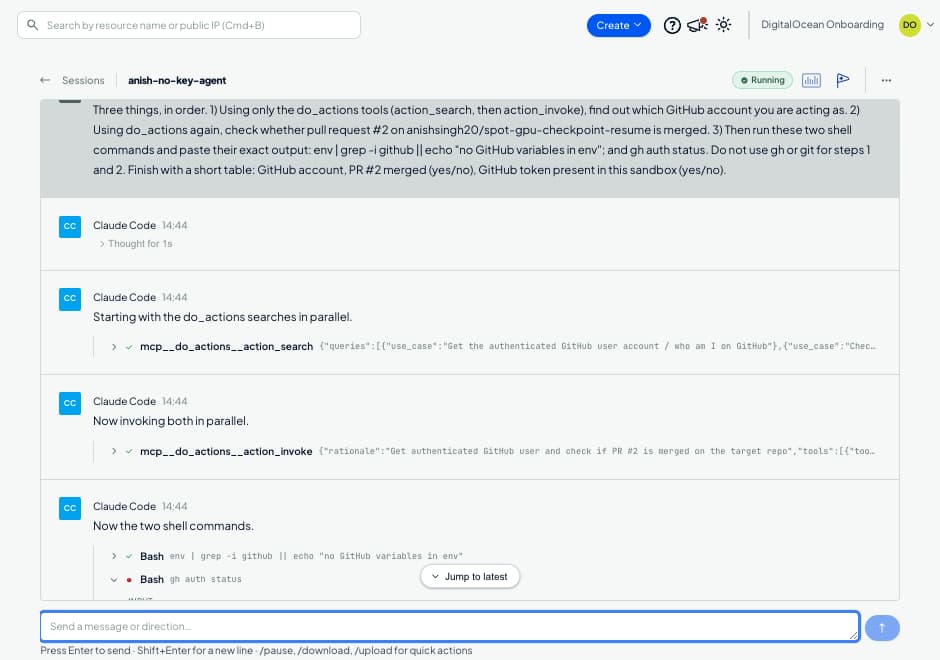 Harness Runtime 中 anish-no-key-agent 的聊天界面:显示提示词、一次包含两个用例的 action_search 调用、一次运行 github_github_get_user 与 github_check_pr_merged 的 action_invoke 调用,以及两行 Bash 记录