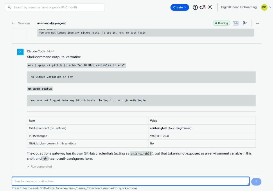 同一聊天滚动到末尾。shell 输出显示 env 中没有 GitHub 变量、gh 未登录。表格显示:GitHub 账号 anishsingh20,PR #2 是否已合并为是(HTTP 204),此沙箱中是否存在 GitHub 令牌为否