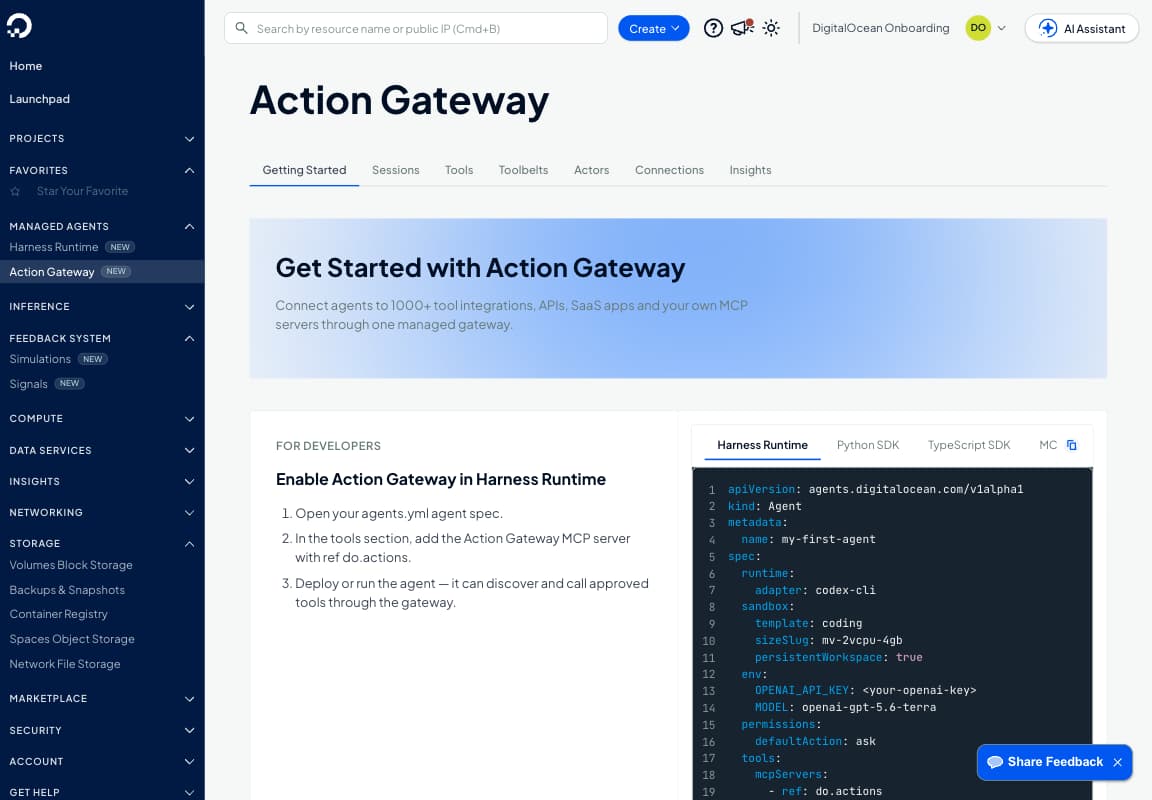 DigitalOcean 控制台中的 Action Gateway 入门页面。左侧边栏在 Managed Agents 下列出 Harness Runtime 和 Action Gateway。标签页依次为 Getting Started、Sessions、Tools、Toolbelts、Actors、Connections、Insights。代码面板显示一份 agents.yaml,其中 tools 和 mcpServers 引用 do.actions
