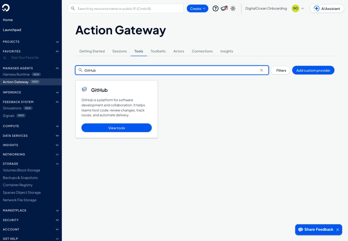 Action Gateway 的 Tools 标签页,提供商搜索已筛选为 GitHub,显示 GitHub 提供商卡片和一个 View tools 按钮