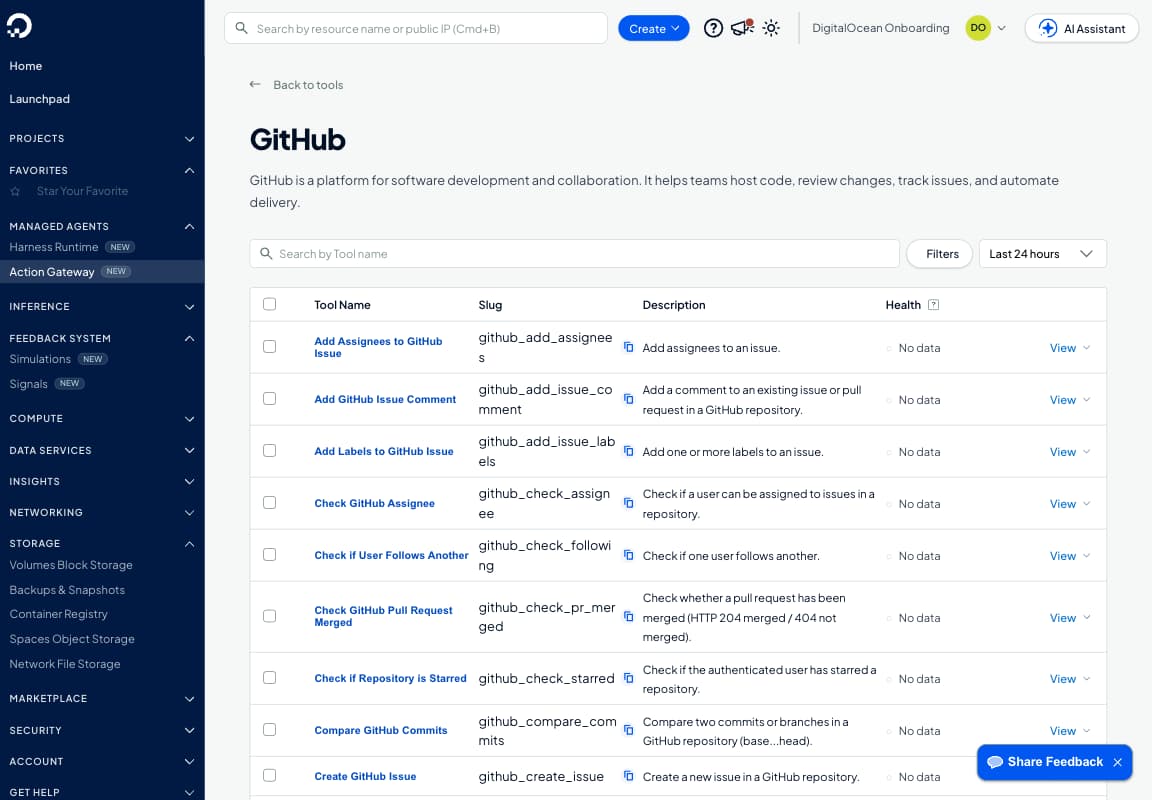 Action Gateway 中的 GitHub 工具列表,显示工具名称、github_create_pull_request 等标识、描述,以及 Health 列显示 No data