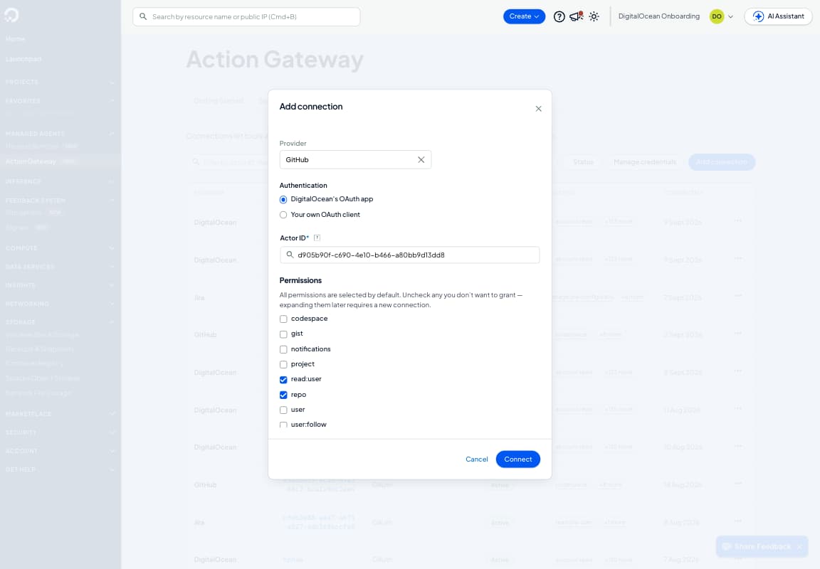 Action Gateway 中 GitHub 的 Add connection 对话框,认证方式已设为 DigitalOcean's OAuth app,已填写 Actor ID,且只勾选了 repo 和 read:user 两个权限范围
