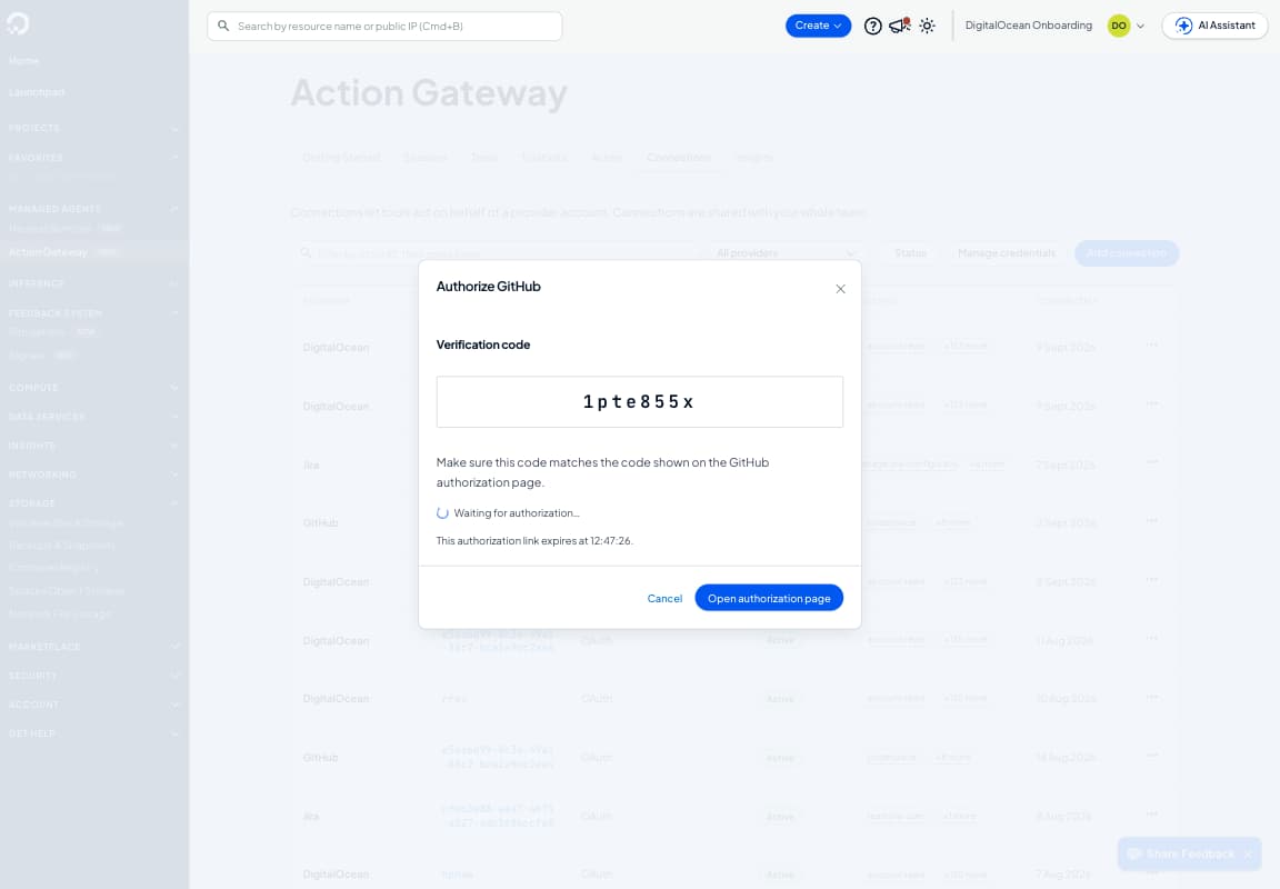 Authorize GitHub 对话框,显示一个八位验证码和一个 Open authorization page 按钮