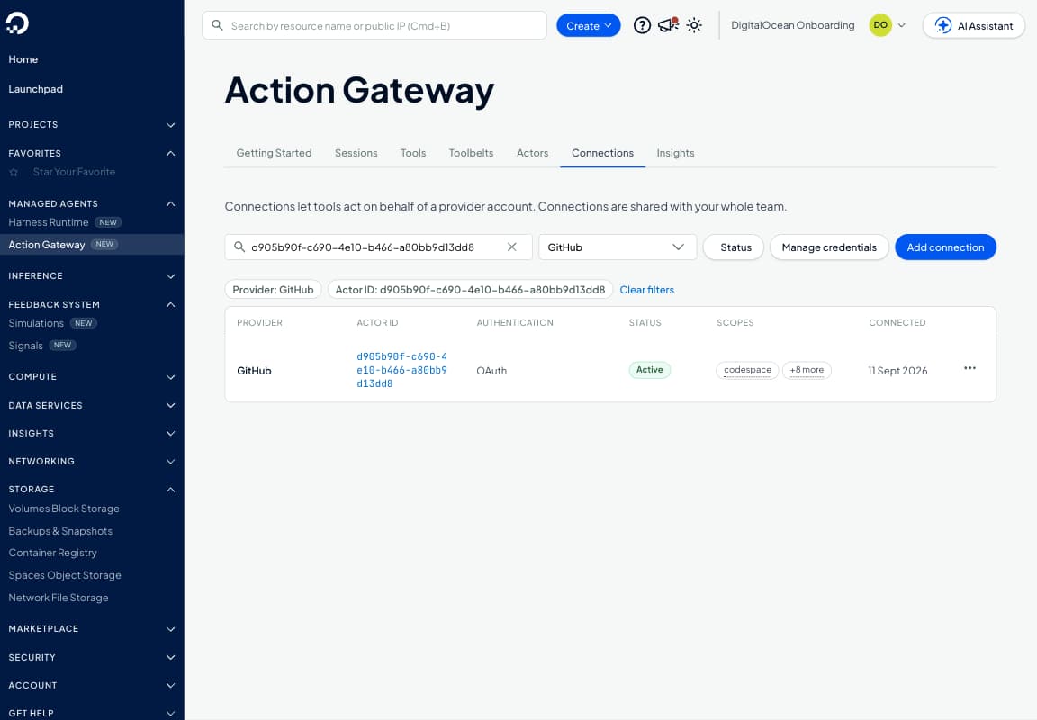 Action Gateway 的 Connections 标签页,按 provider 为 GitHub 和此 Actor ID 筛选,显示一条记录:认证方式为 OAuth,状态为 Active,并列出已授予的权限范围