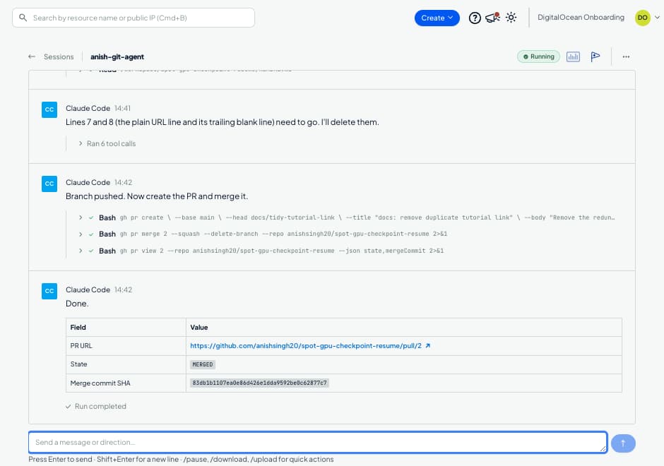 anish-git-agent 会话的 Harness Runtime 聊天界面。Claude Code 依次运行 gh pr create、gh pr merge 和 gh pr view,然后报告 PR 网址、MERGED 状态及合并提交