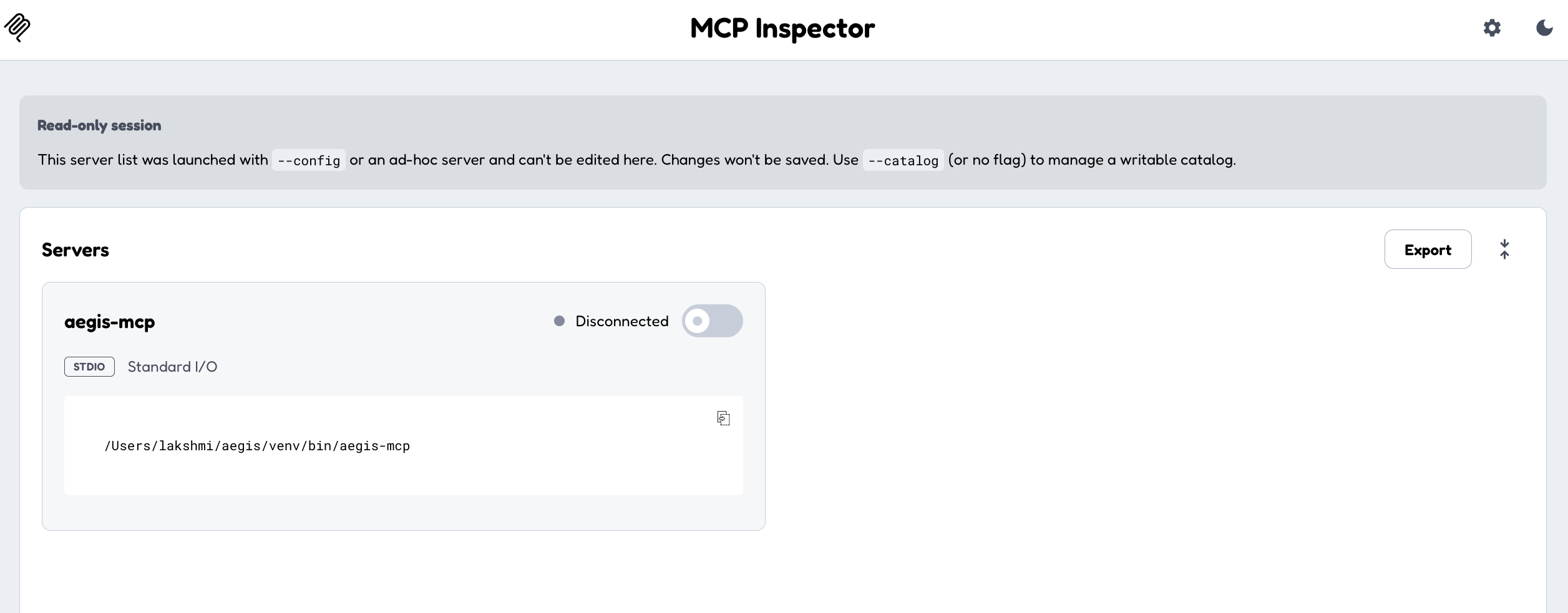 MCP 检查器显示通过 STDIO 连接的 Aegis MCP 服务器，服务器状态为活动，已准备好进行测试。