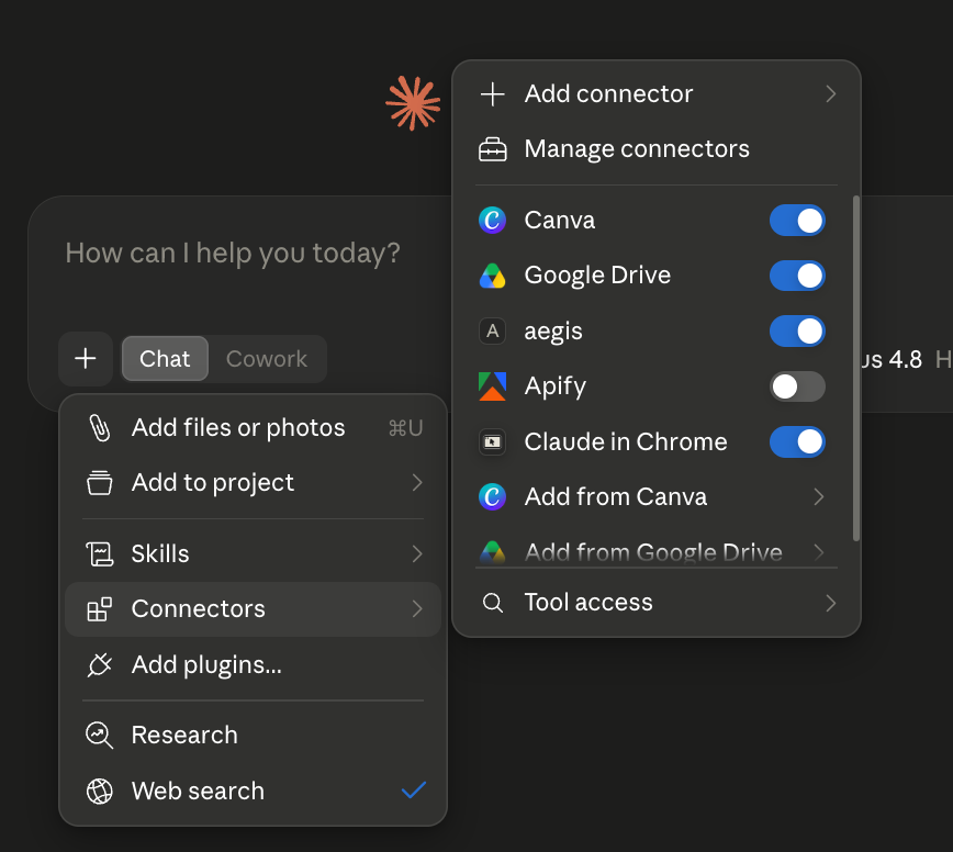 Claude Desktop 的 Search & Tools 菜单展示 Aegis MCP 服务器及其可用工具，包括 warm_up、deidentify_file、start_batch_job、get_job_status、summarize_run 和 list_review_queue。