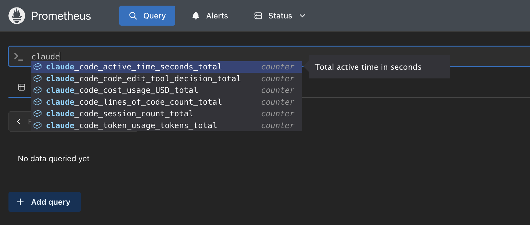 Prometheus 中可用的 Claude Code 计数器类型指标。