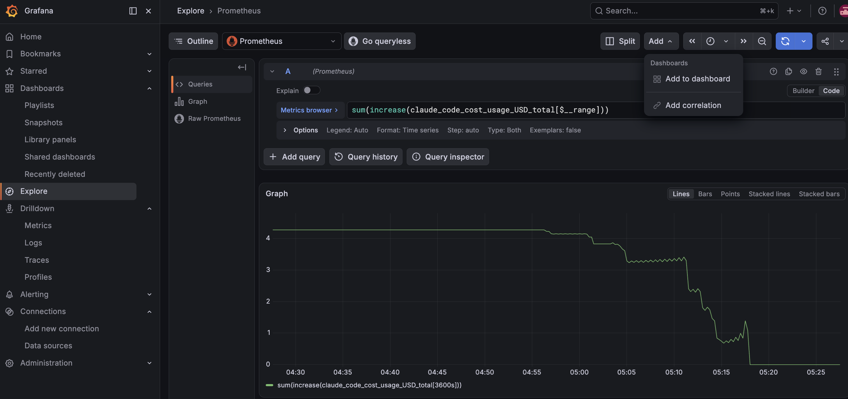 Grafana USD 总额 Stat——查询在 Metrics explorer 中的视图。