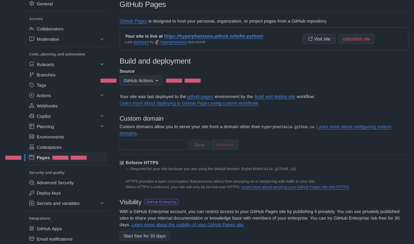 GitHub Pages 区块截图，显示已将 GitHub Actions 正确设为部署来源。