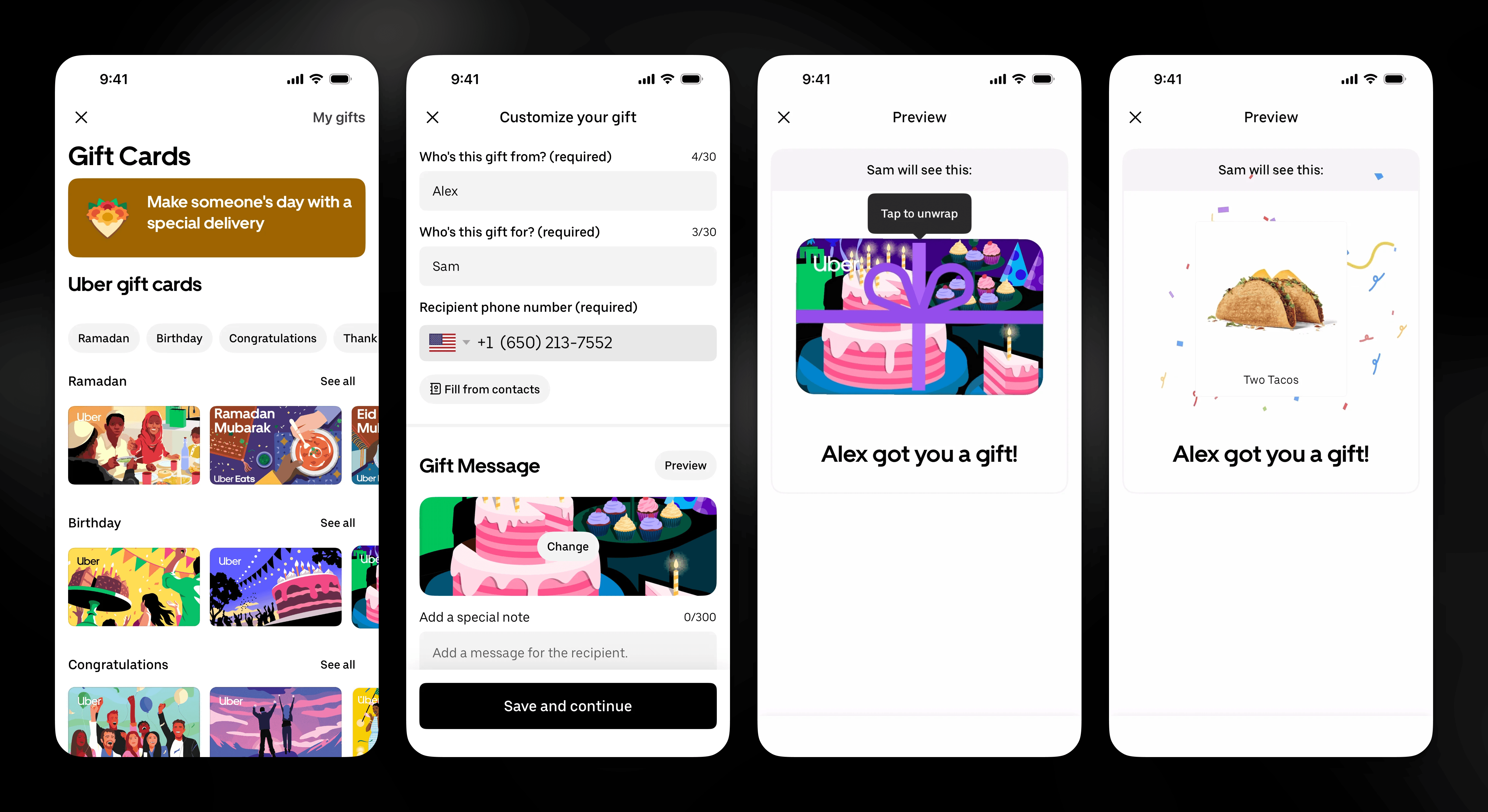 Uber Eats 的四张屏幕截图：带有斋月、生日、祝贺、感谢标签的礼品卡目录；一张“定制你的礼物”表单，询问礼物来自谁、送给谁以及收礼人的电话号码；显示“点击拆开”的预览页；以及拆开后的预览页，显示“Alex 送你一份礼物”