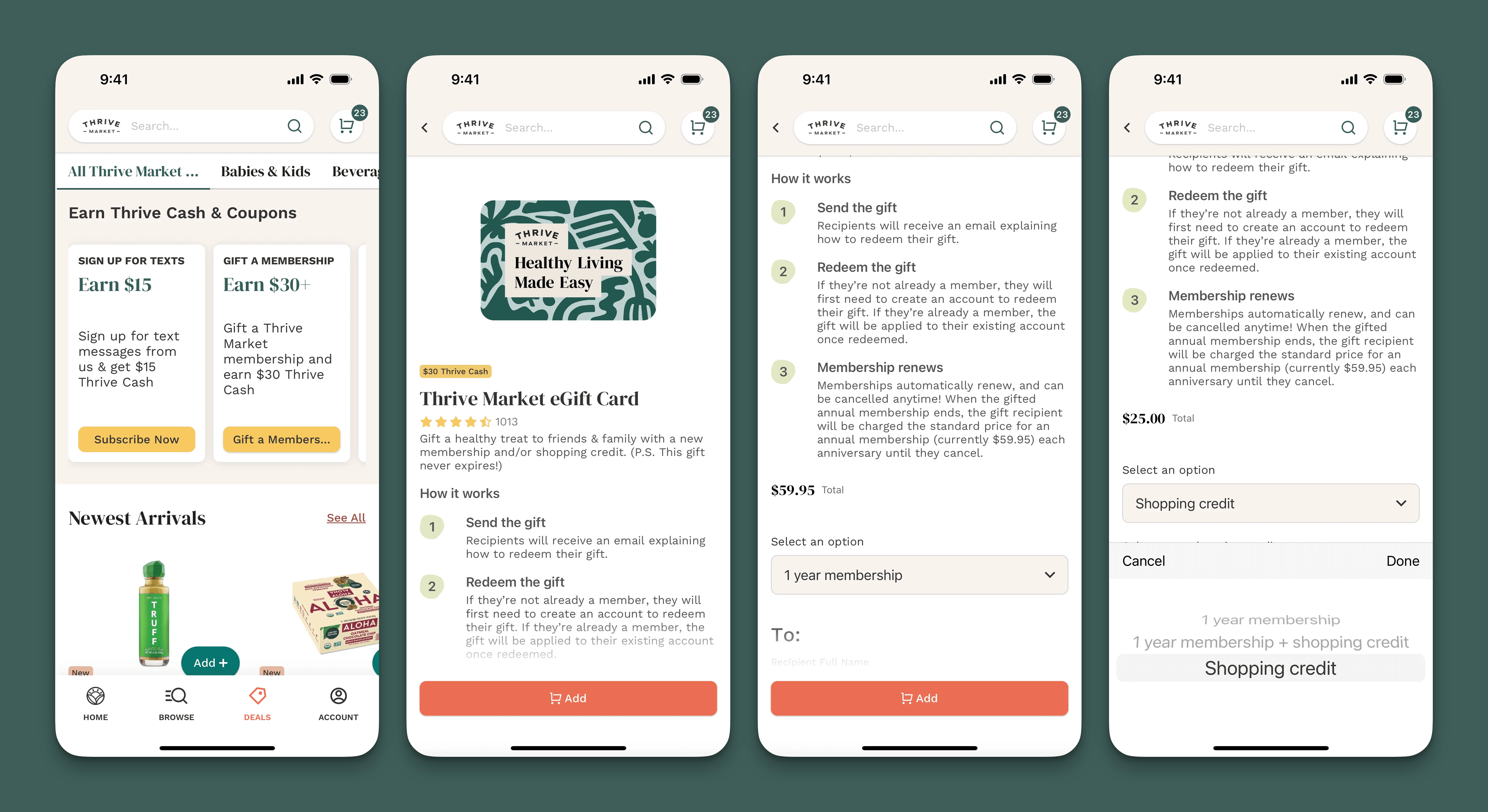 Thrive Market 的四张截图：「赚取 Thrive Cash」面板，赠送会员可获 30 美元；电子礼品卡商品页，注明礼品永不过期；「运作方式」条款，说明尚非会员的收礼人须创建账号才能兑换；以及一个总计金额，可在 59.95 美元会员费与 25.00 美元购物金之间切换