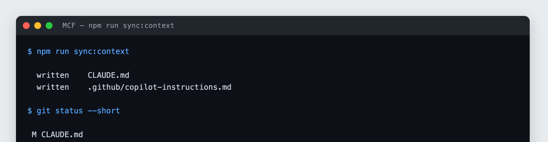 图1：终端显示npm run sync:context写入CLAUD.md和Copilot指令文件，随后git status将两者列为已修改