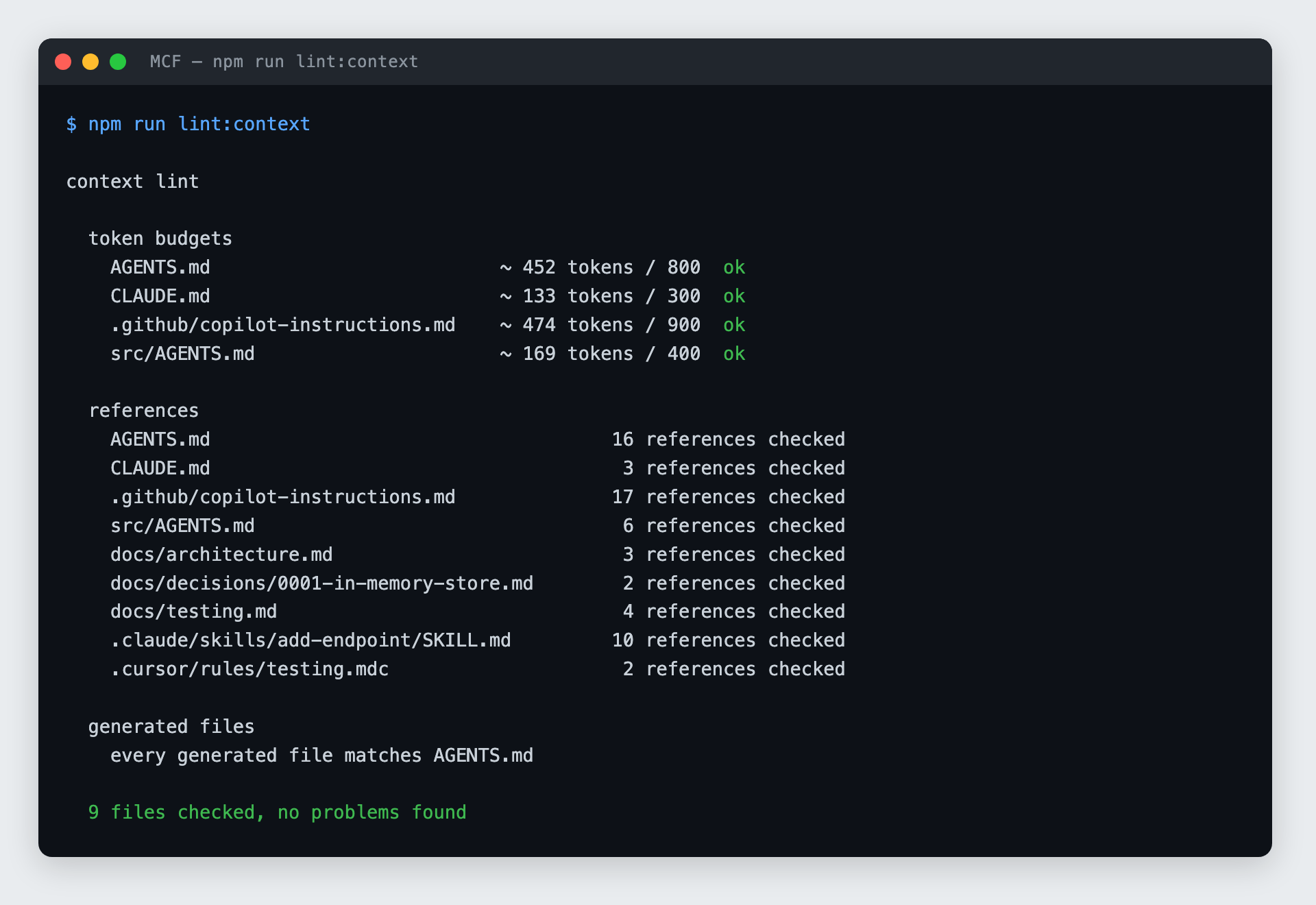 图2：npm run lint:context 的终端输出，显示四个上下文文件均未超出 token 预算，跨 9 个文件检查了 47 处引用，生成的文件同步一致，未发现任何问题。
