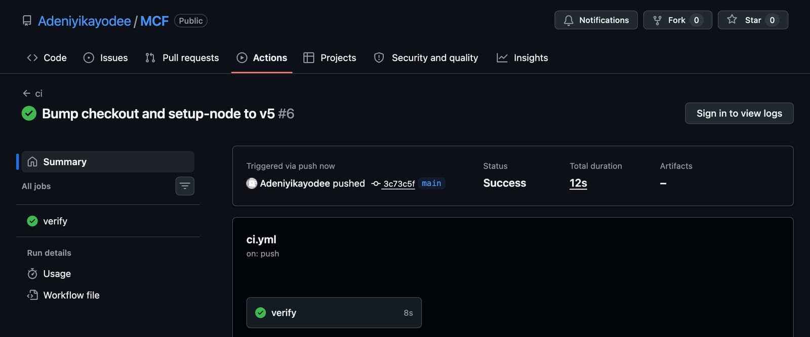 图4：MCF仓库的GitHub Actions运行结果，显示verify任务成功，测试套件和上下文检查器均为绿色。