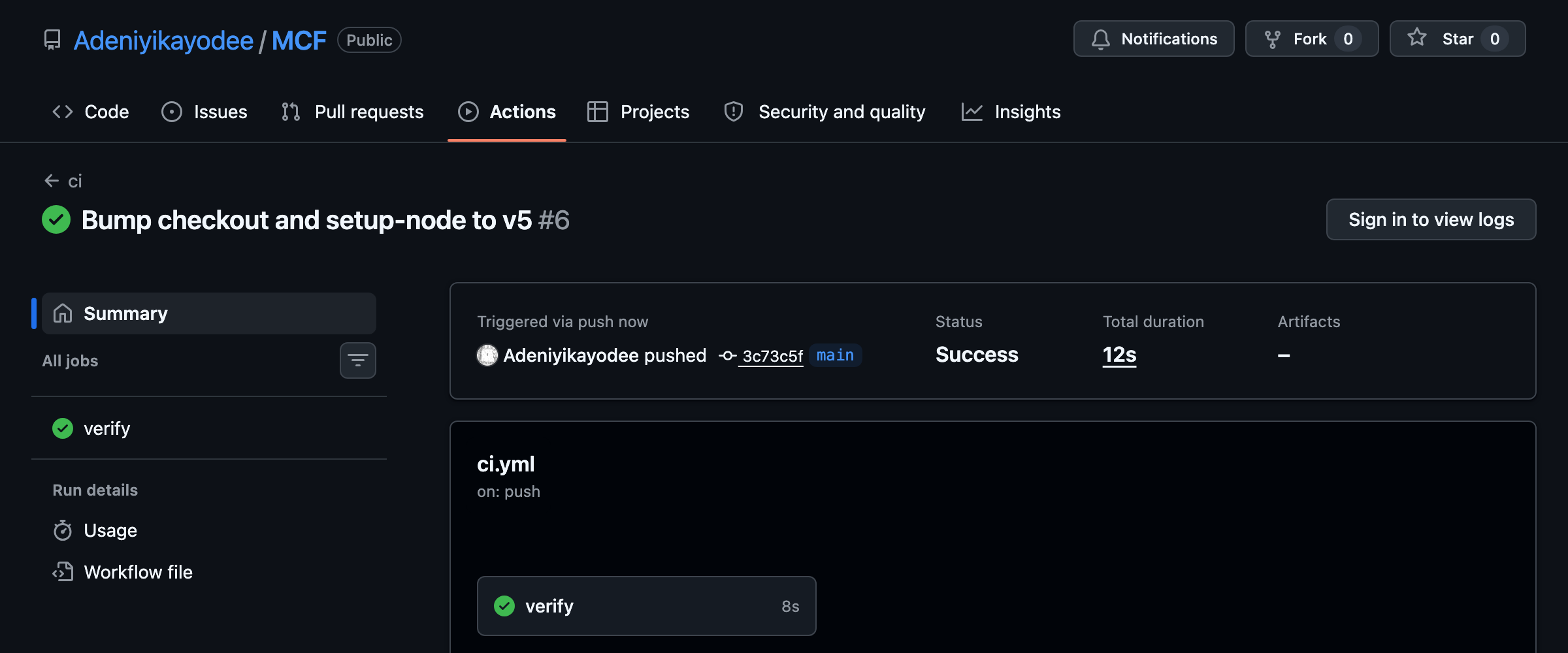 图4：MCF仓库的GitHub Actions运行结果，显示verify任务成功，测试套件和上下文检查器均为绿色。