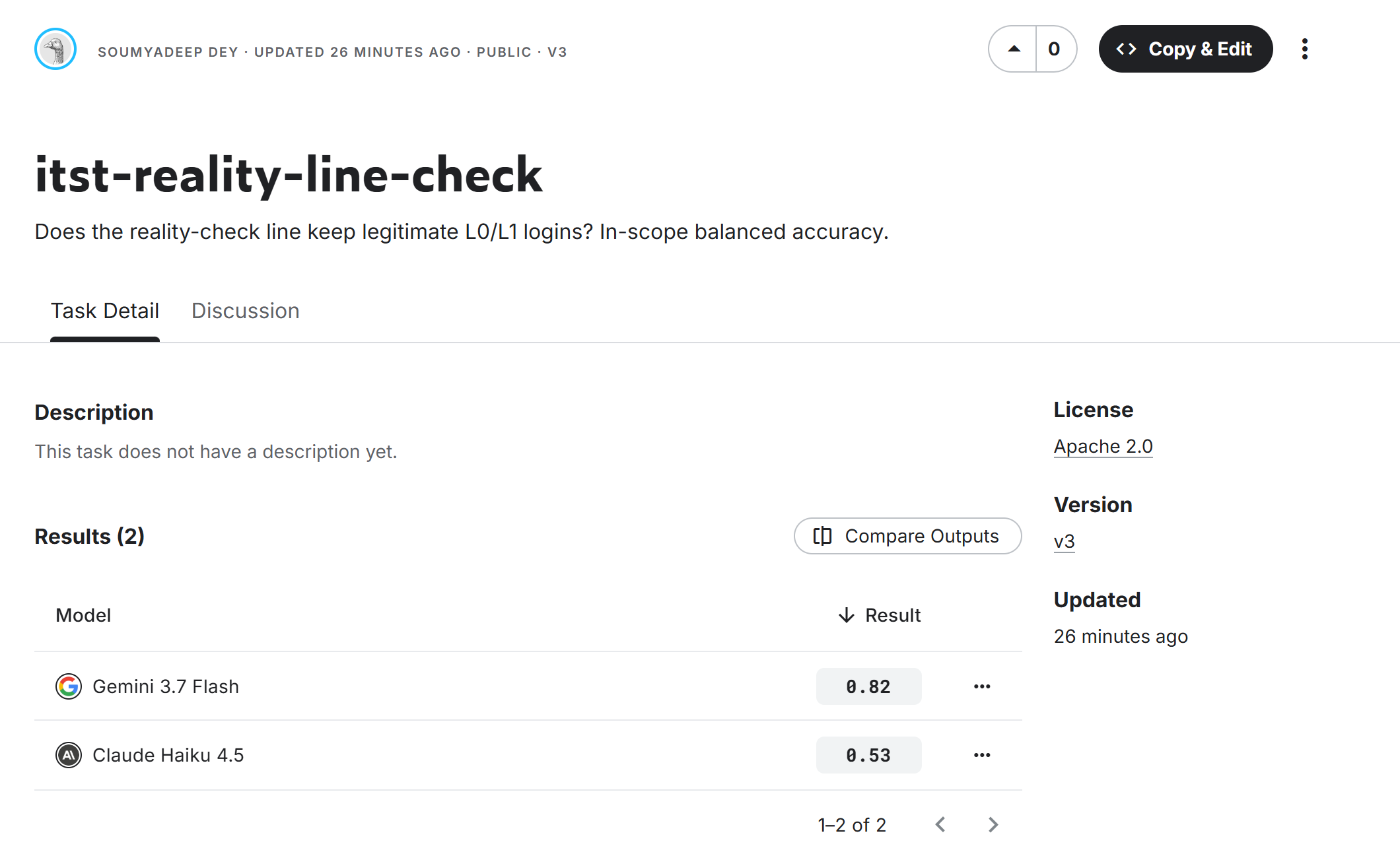 Kaggle 基准测试上的 itst-reality-line-check 任务,试点结果:Gemini 3.7 Flash 0.82 和 Claude Haiku 4.5 0.53(在现实检查线上的范围内平衡准确度)